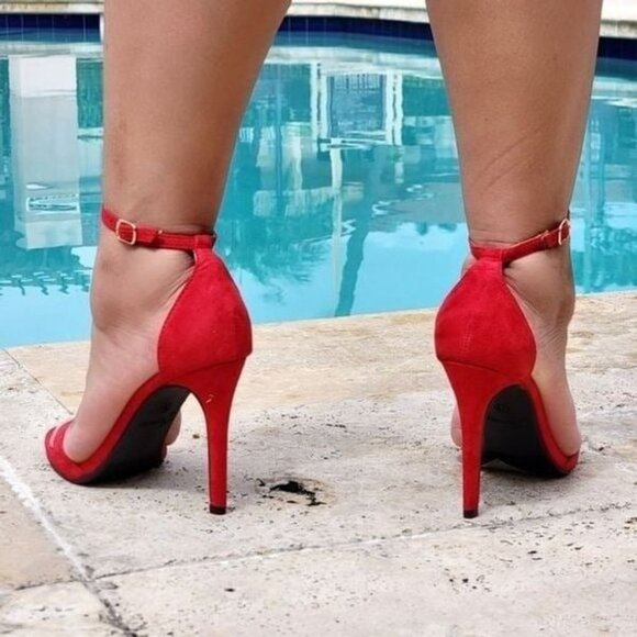 Women's Suede Strappy Ankle High Heel Sandals Red Color - Picture 3 of 4